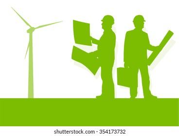 Engineer technician green energy wind turbine power generator station background vector concept