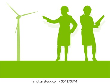 Engineer technician green energy wind turbine power generator station background vector concept