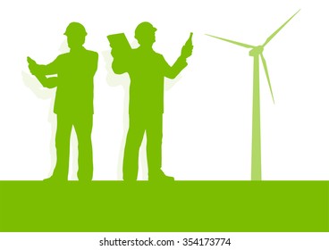 Engineer technician green energy wind turbine power generator station background vector concept