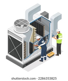 Engineer and technician maintenance service HVAC Industrial large Heating Ventilation and Air Conditioning system Diagram Isometric illustration cartoon vector