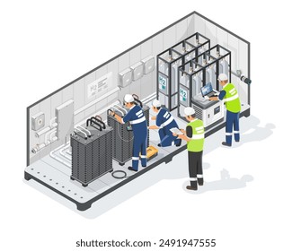 Engineer and technician maintenance service team H2 green hydrogen PEM water electrolyser station module isometric for industrial on white background isolated