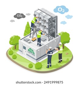 Ingenieur und Techniker Wartungsservice Team Carbon Capture CO2 bis O2 Station Öko-Industriefabrik Carbon Credit freundliches Konzept isometische isolierte Illustration