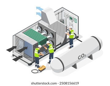 Instalação da equipe de manutenção do engenheiro e técnico captura de ar direta de CO2 de carbono para estação O2 conceito amigável de crédito de carbono de fábrica industrial eco ilustração isolada isomética