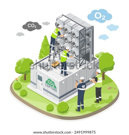 Engineer and technician maintenance service team carbon capture CO2 to O2 station eco industrial factory carbon credit friendly concept isometic isolated illustration