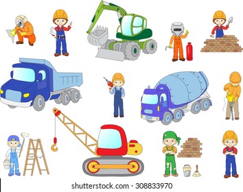 Ingeniero, técnico, pintor, soldador y obrero trabajando en una construcción. Máquina topadora, mezcladora de hormigón, coche, excavadora y tractor. Ilustración del vector