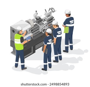 Engineer and Technician work  training on Heavy Duty Metal Lathe Machine metalworker industrial experienced operator Maintenance concept isometric industrial machinery labor working white background