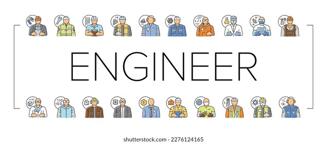 engineer technology work man icons set vector. engineering worker, mechanical industry, gear construction, industrial technician engineer technology work man color line illustrations