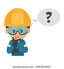 Engineer thinking and expressing doubt in a new industrial project. Industrial mechanic worker with his personal protective equipment. Industrial safety and occupational health at work