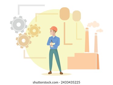 An engineer is timing an industrial process, industry, factory, gear, tank, industrial process timing, flat, vector, illustration, production 