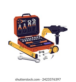 Engineer toolkit for repair home. Builder toolbox with different work instruments. Construction level, drill, pliers, screwdriver in tool box. Flat isolated vector illustration on white background