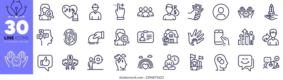Engineer, Touchscreen gesture and Fingerprint line icons pack. Lawyer, Depression treatment, Share web icon. Fraud, Lgbt, Group pictogram. Sharing economy, Safe time, Hold smartphone. Vector