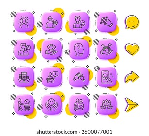 Engineer, Touchscreen gesture and Valet servant line icons. App 3d buttons. Social media comment, share, like icons. Pack of Safe time, Edit person, Podium icon. Vector