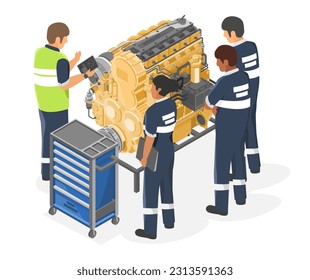 Engineer training worker about engineering of big heavy duty engine to technicians checking service and maintenance isometric isolated cartoon vector