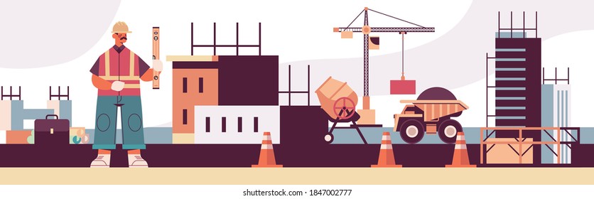 engineer in uniform holding level construction of buildings concept builder in helmet and vest working on construction site full length horizontal vector illustration