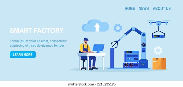 Engineer use computer to control robot arms. Operator controls conveyor automatic production line. Efficient smart factory, industry 4.0. High tech machinery. Manufacturing process, innovation