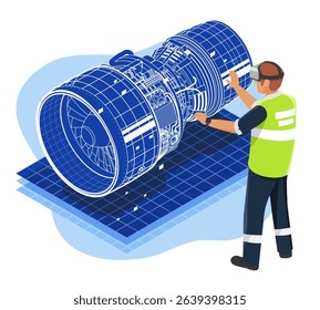 Engineer using augmented reality headset to inspect and design a jet engine model for advanced maintenance and precision engineering on a digital interactive interface isometric