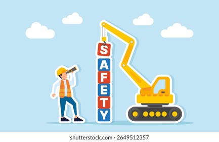 Engineer using binoculars to observe the arrangement of blocks forming the word SAFETY by heavy machinery as an illustration of the priority of project safety supervision