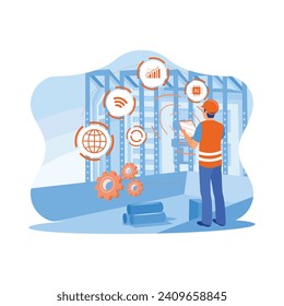 Ingeniero usando una tableta digital con software de administración de construcción en el sitio de construcción. Concepto del Sistema de Gestión de Proyectos de Construcción Inteligente. Concepto de ingeniero de obra.