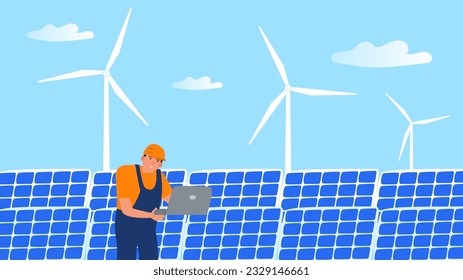 ingeniero que utilice turbinas eólicas alternativas de energía para portátiles e ilustración vectorial de paneles solares
