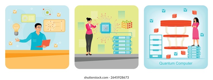 An engineer using a laptop to design quantum computer. Semiconductor scientist with quantum computing and data servers. Analyzing cutting-edge quantum computing technology. Quantum computer concept.