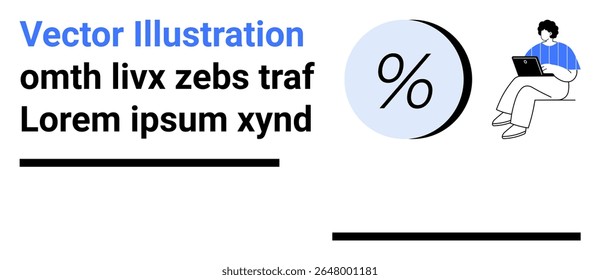 Engineer using laptop, large percentage symbol, black text boxes, Ideal for technology trends, analytics, business highlights, financial reports, engineering overviews, statistical data