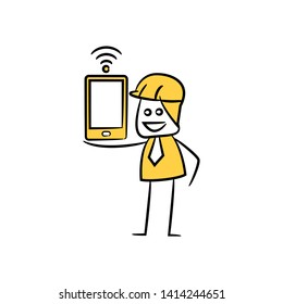 engineer using smart phone icon stick figure yellow theme