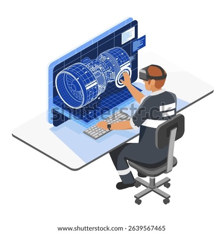 Engineer using virtual reality headset to inspect and design a digital turbine model for industrial maintenance and manufacturing innovation isometric