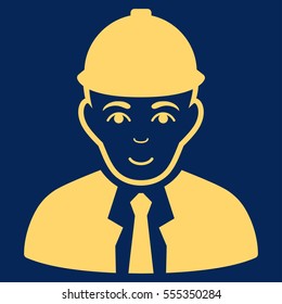 Engineer vector icon. Flat yellow symbol. Pictogram is isolated on a blue background. Designed for web and software interfaces.