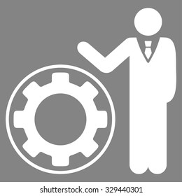 Engineer vector icon. Style is flat symbol, white color, rounded angles, gray background.