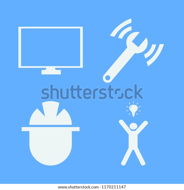 engineer vector icons set. with\
builder, diagnostycs wrench, happy man bulb and monitor in\
set