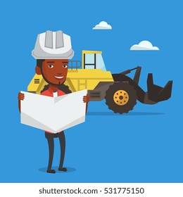 Engineer watching a blueprint at construction site. Engineer with engineer blueprint standing on the background of excavator. Vector flat design illustration. Square layout