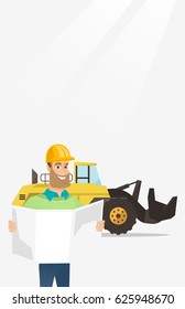 Engineer watching a blueprint at construction site. Engineer with blueprint standing on the background of excavator. Engineer holding blueprint. Vector flat design illustration. Vertical layout.