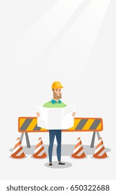 Ingeniero observando un proyecto en la construcción. Ingeniero con planos sobre el fondo de las barreras de tránsito. Ingeniero sosteniendo planos. Ilustración de diseño plana vectorial. Diseño vertical.