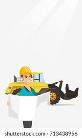 Ingeniero observando el proyecto en la construcción. Ingeniero con diseño de diseño en el fondo de la excavadora. Ingeniero sosteniendo planos. Ilustración de diseño plana vectorial. Diseño vertical
