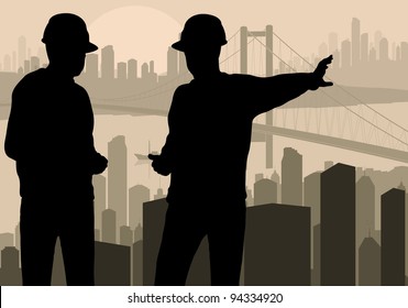 Engineer watching building process in city vector background