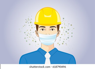 Engineer wearing a facemask and safety helmet for protection against dust particles and accidents when working. 