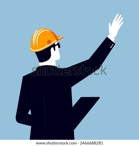Engineer wearing a hard hat raising his hand to direct or signal. This shows leadership and control, highlighting project management, supervision, and safety in construction and engineering. 