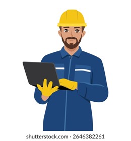 Engineer Wearing Safety Gear Working on Laptop. Flat Vector character illustration