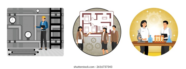 Engineer wearing a safety helmet inspecting an industrial Petroleum piping system. Team discussing architectural plans on a presentation board. Microbiologist studying Researchers working together.