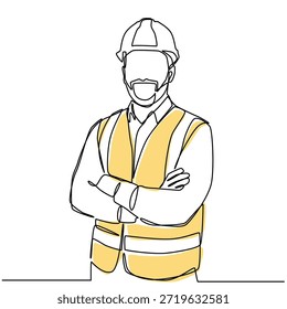 Ingenieur mit weißem hartem Hut und gelber Sicherheitsweste eine Linie Zeichnung. Ingenieur mit weißem Hut und gelber Sicherheitsweste, einzeilige Illustration. Ingenieur mit weißem harten Hut und gelber Sicherheitsweste minimalistische Linie Kunst. 