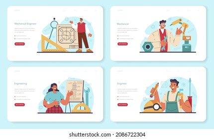 Engineer web banner or landing page set. Technology specialist. Professional occupation to invent, design and build machines and structures. Architecture work or designer. Flat vector illustration