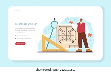 Engineer web banner or landing page. Technology specialist. Professional occupation to invent, design and build machines and structures. Architecture work or designer. Flat vector illustration