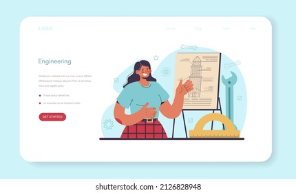 Engineer web banner or landing page. Technology specialist. Professional occupation to invent, design and build machines and structures. Architecture work or designer. Flat vector illustration