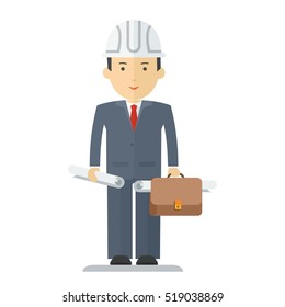 Engineer in a white helmet with the briefcase and the drawings in the hands of. Flat vector cartoon Engineer illustration. Objects isolated on a white background.