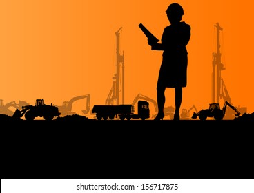 Engineer woman with excavator loaders and tractors digging at industrial construction site vector background illustration