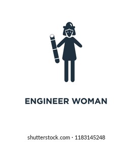 Engineer Woman icon. Black filled vector illustration. Engineer Woman symbol on white background. Can be used in web and mobile.