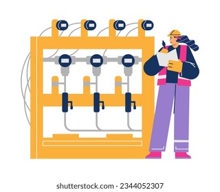 Engineer woman records data from metering devices at pipe station. Oil and gas production and processing system. Pumping and gate valve complex. Vector flat illustration isolated on white