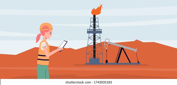 Engineer woman standing by oil drilling rig and well with pumpjack and using tablet - female industrial worker in uniform at drill site. Flat banner vector illustration.