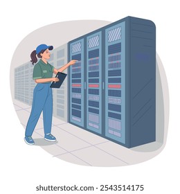 Mulher engenheira trabalhando em um grande data center, hospedagem, sala de servidor, sistema de rede. Ilustração de design plano vetorial sobre tecnologia. 