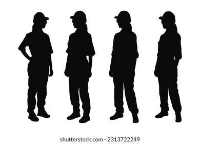 Ingenieurinnen mit anonymen Gesichtern. Ingenieurinnen mit Uniformen-Silhouette-Bundle. Girl-Bauarbeiter Silhouette-Sammlung. Weibliche Arbeitersilhouette, Vektorgrafik auf weißem Hintergrund.